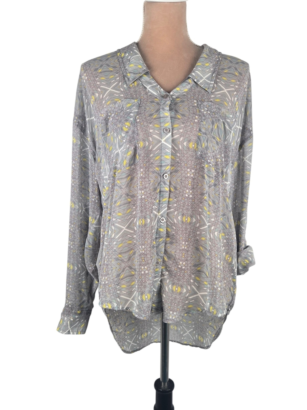 Free People Button Front Blouse Geometric Print High Low Grey Yellow Medium